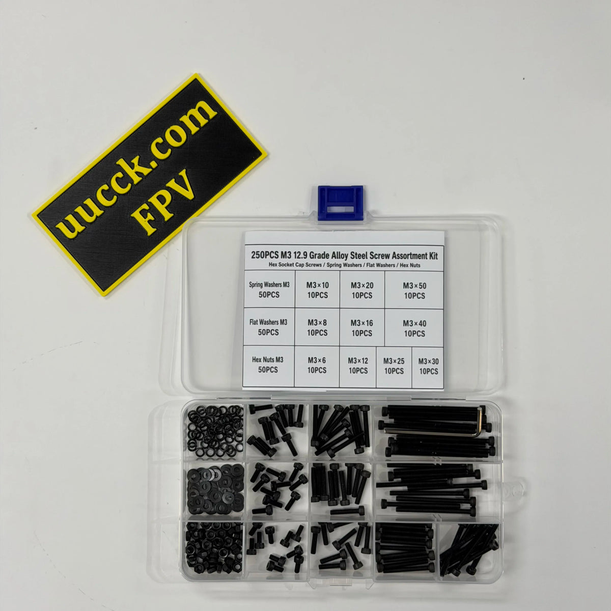 250PCS M3 12.9 Grade Alloy Steel Screw Assortment Kit — Cap Screws, Washers & Nuts