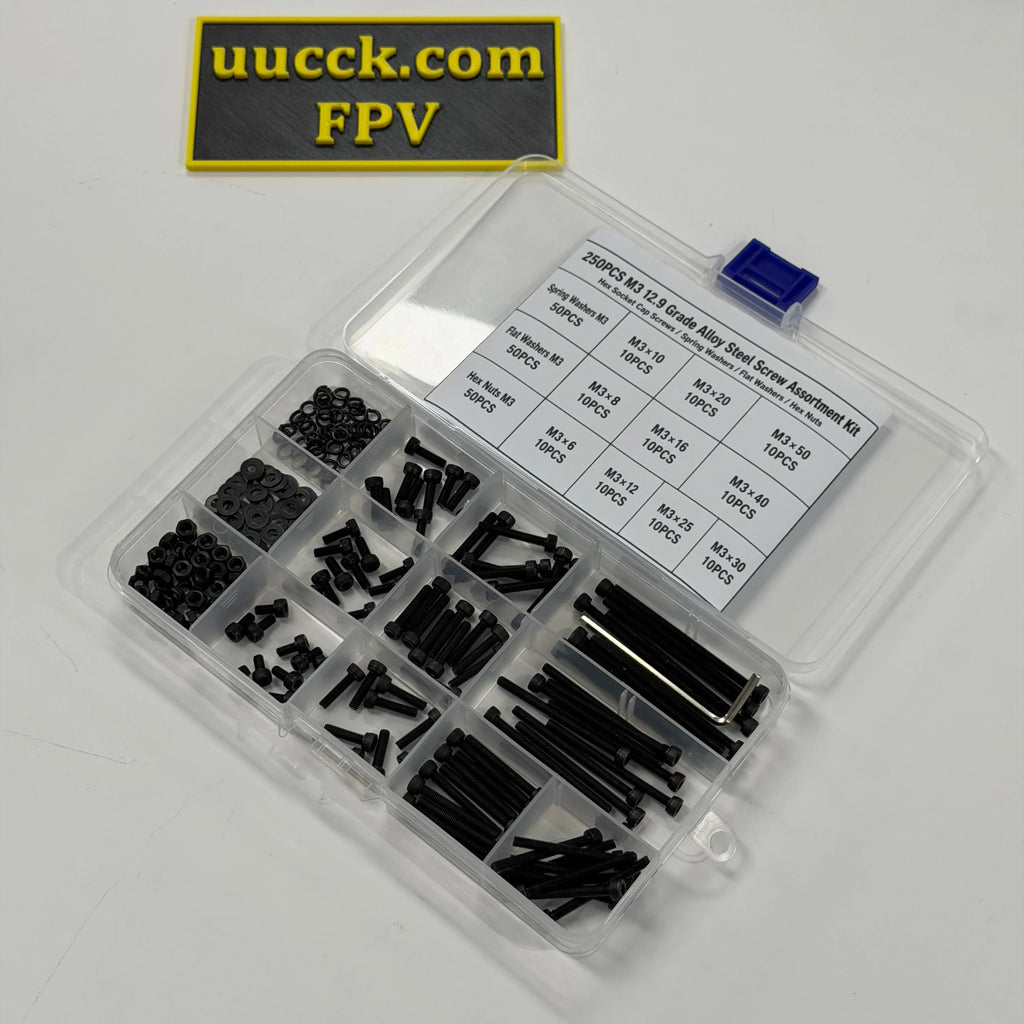 250PCS M3 12.9 Grade Alloy Steel Screw Assortment Kit — Cap Screws, Washers & Nuts