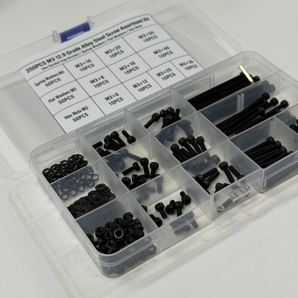 250PCS M3 12.9 Grade Alloy Steel Screw Assortment Kit — Cap Screws, Washers & Nuts