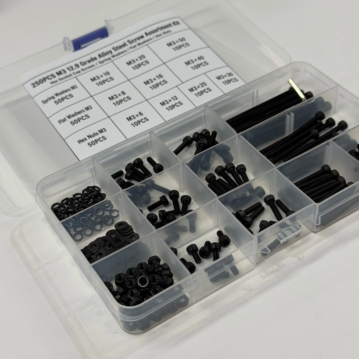 250PCS M3 12.9 Grade Alloy Steel Screw Assortment Kit — Cap Screws, Washers & Nuts