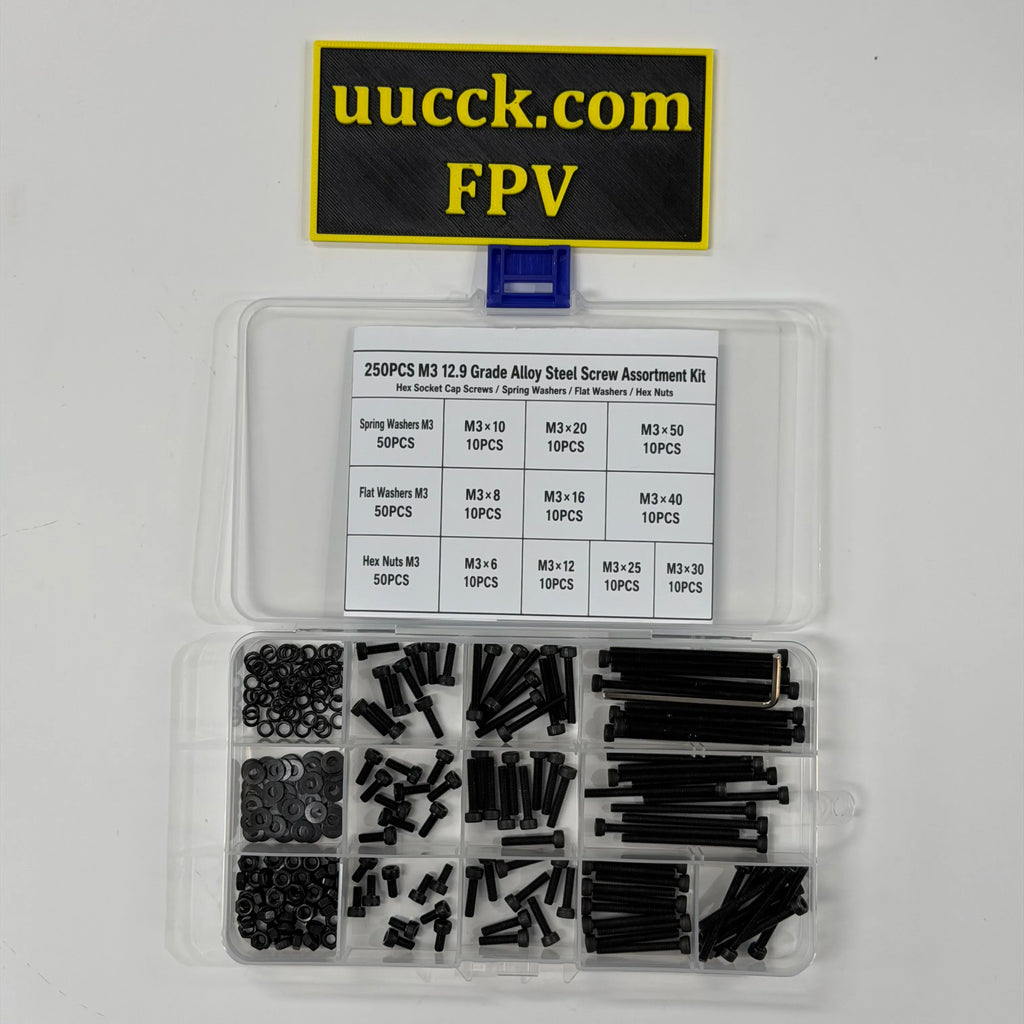 250PCS M3 12.9 Grade Alloy Steel Screw Assortment Kit — Cap Screws, Washers & Nuts