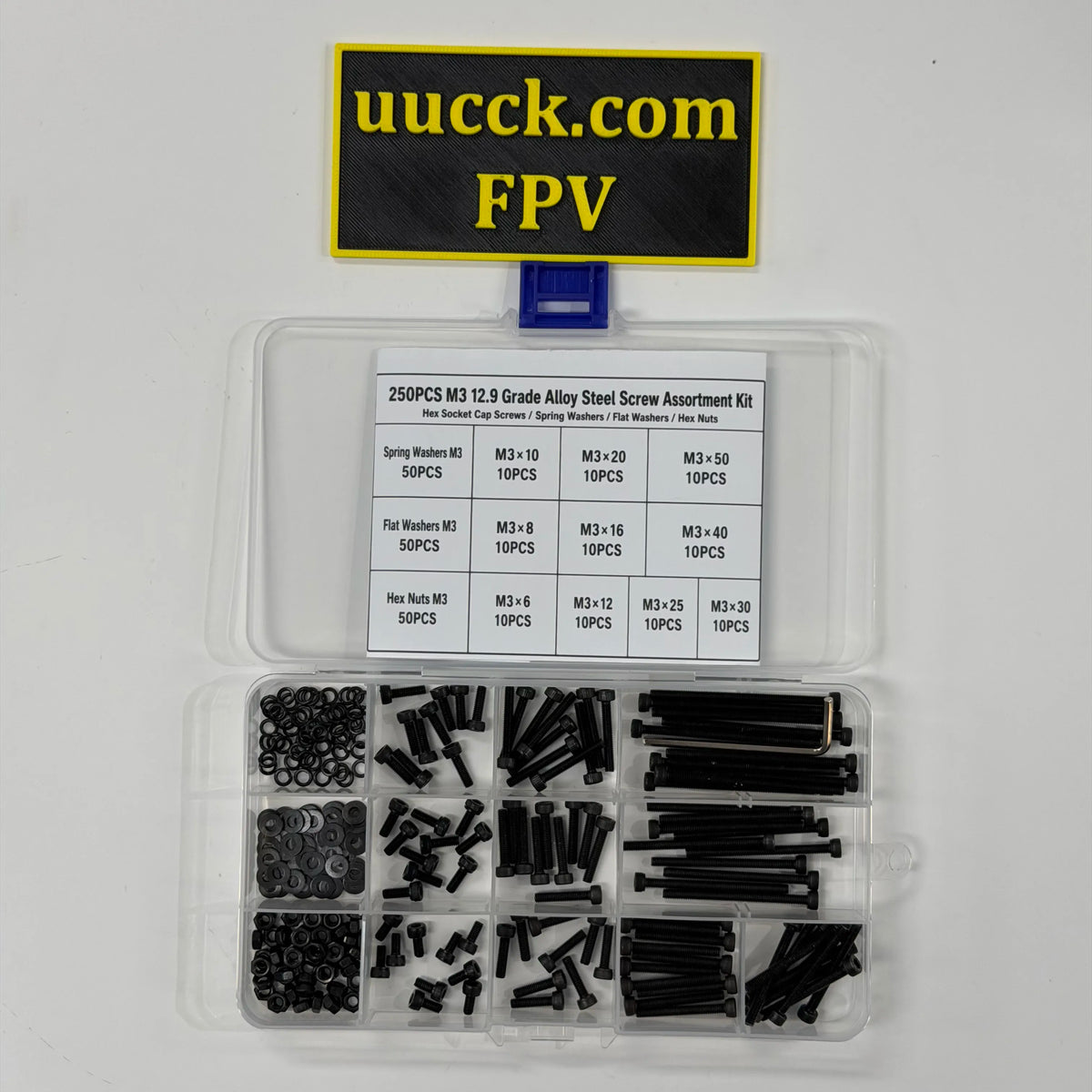 250PCS M3 12.9 Grade Alloy Steel Screw Assortment Kit — Cap Screws, Washers & Nuts