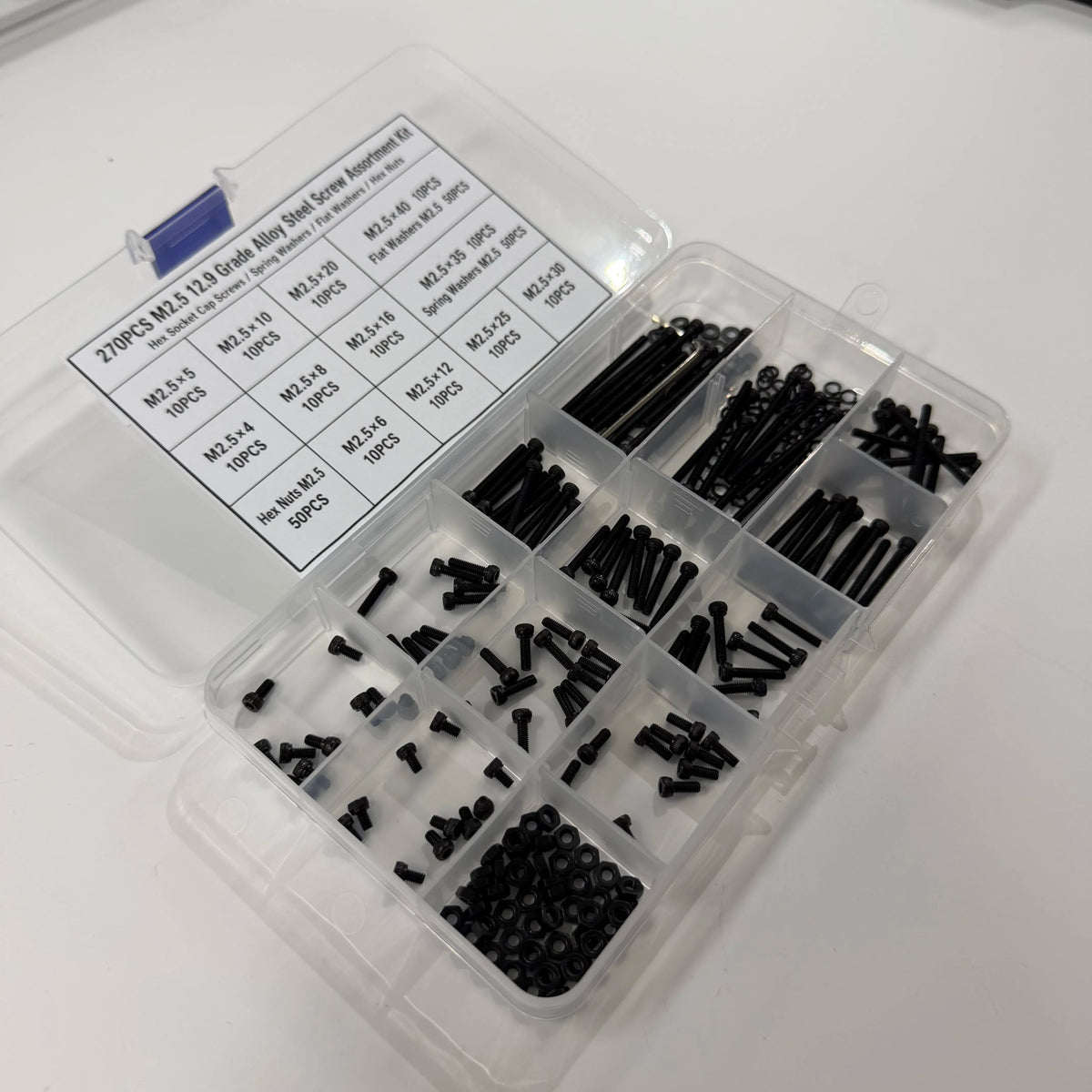 270PCS M2.5 12.9 Grade Alloy Steel Screw Assortment Kit — Cap Screws, Washers & Nuts