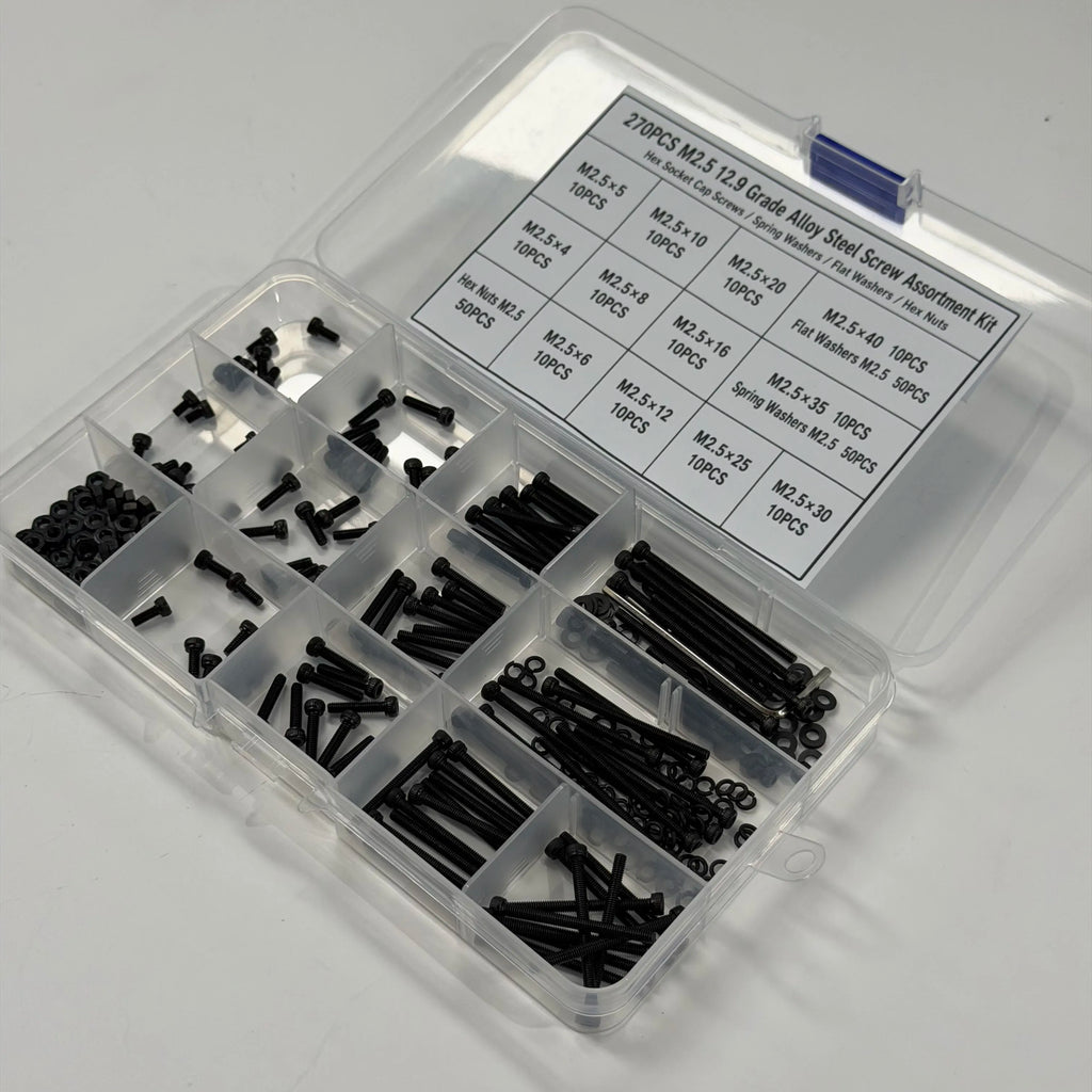 270PCS M2.5 12.9 Grade Alloy Steel Screw Assortment Kit — Cap Screws, Washers & Nuts