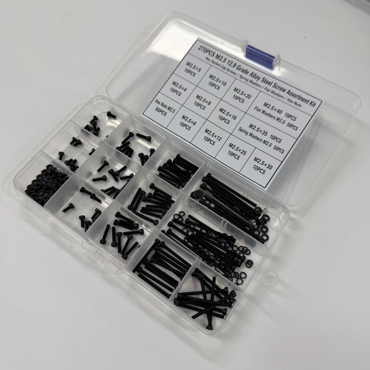 270PCS M2.5 12.9 Grade Alloy Steel Screw Assortment Kit — Cap Screws, Washers & Nuts