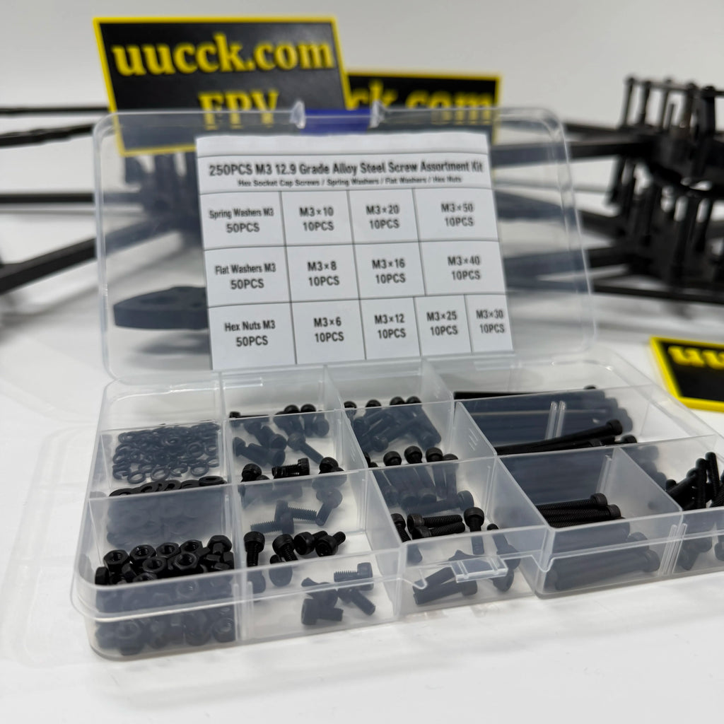 250PCS M3 12.9 Grade Alloy Steel Screw Assortment Kit — Cap Screws, Washers & Nuts