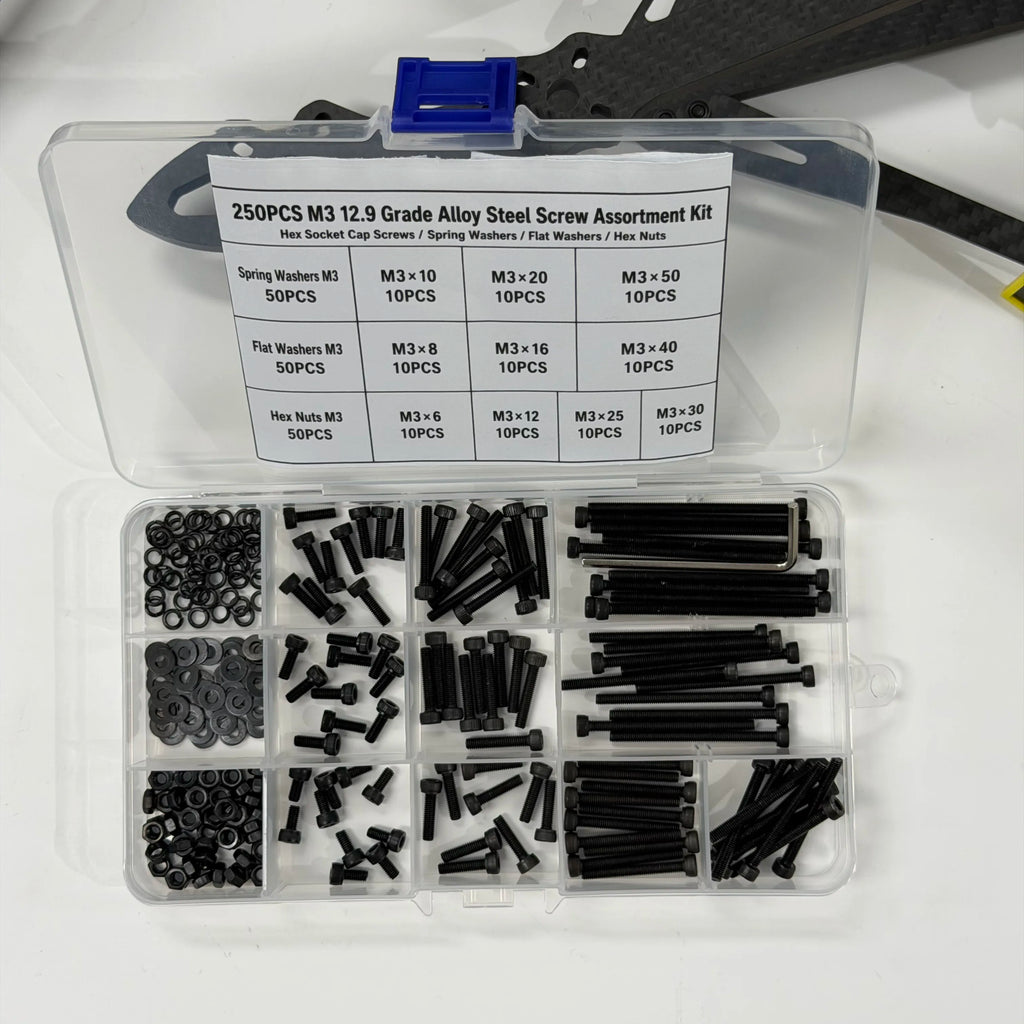 250PCS M3 12.9 Grade Alloy Steel Screw Assortment Kit — Cap Screws, Washers & Nuts