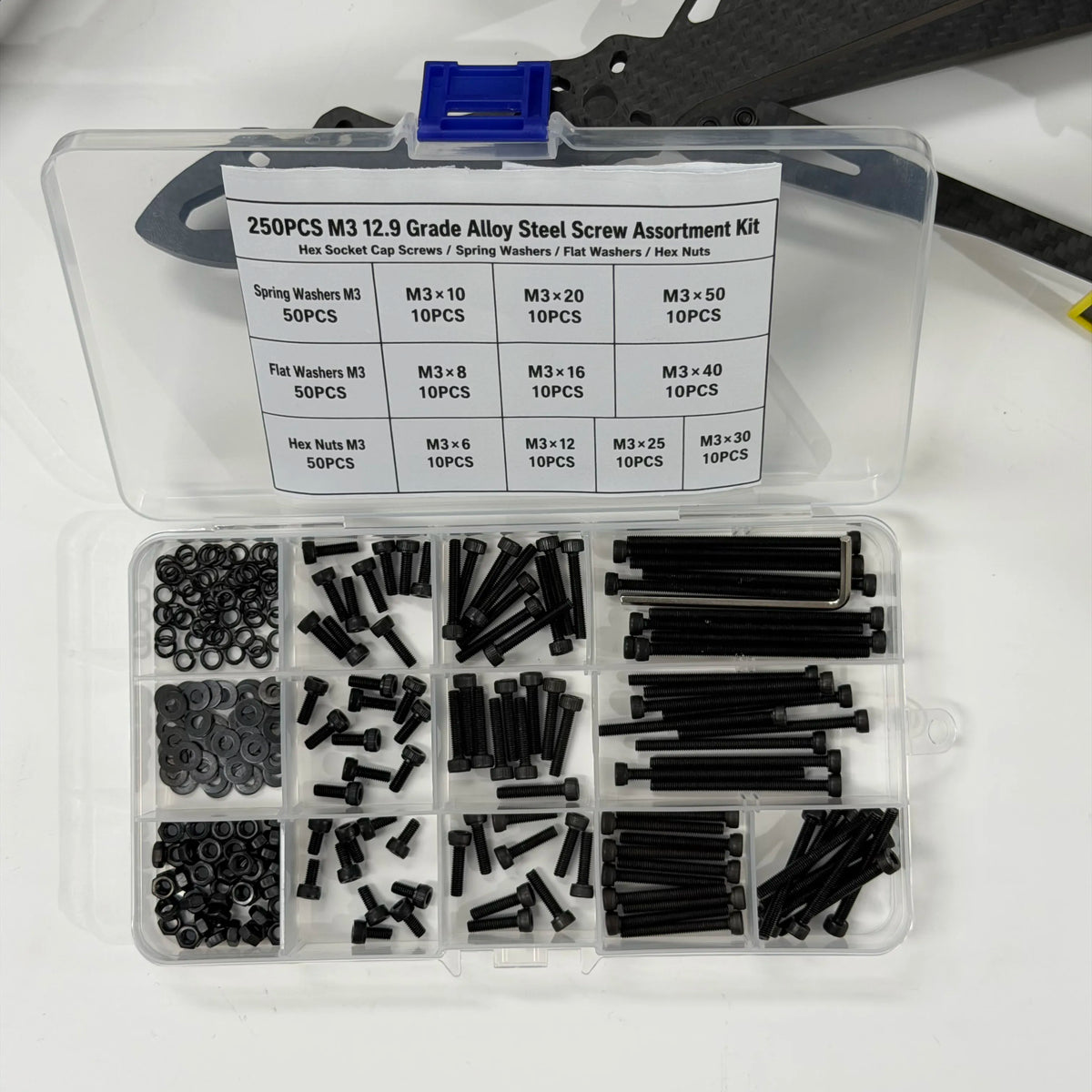 250PCS M3 12.9 Grade Alloy Steel Screw Assortment Kit — Cap Screws, Washers & Nuts